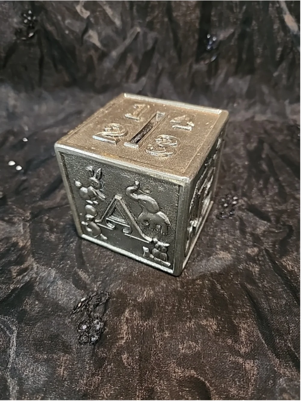 LEONARD'S ITALY SILVER PLATE BABY ABC LETTER BLOCK PIGGY COIN BANK Numbers, MCM